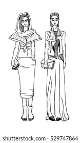 Black contour drawing. Hand drawn Girls Illustration. Stylish and trendy outfit. Actual Street Fashion Male Look