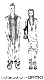Black contour drawing. Hand drawn Couple Illustration. Stylish and trendy outfit. Actual Street Fashion Male Look