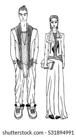 Black contour drawing. Hand drawn Couple Illustration. Stylish and trendy outfit. Actual Street Fashion Male Look