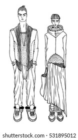 Black contour drawing. Hand drawn Couple Illustration. Stylish and trendy outfit. Actual Street Fashion Male Look