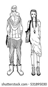 Black contour drawing. Hand drawn Couple Illustration. Stylish and trendy outfit. Actual Street Fashion Male Look