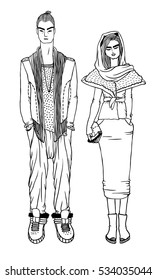 Black contour drawing. Hand drawn Couple Illustration. Stylish and trendy outfit. Actual Street Fashion Male Look