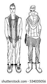 Black contour drawing. Hand drawn Guy Illustration. Stylish and trendy outfit. Actual Street Fashion Male Look