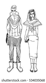 Black contour drawing. Hand drawn Couple Illustration. Stylish and trendy outfit. Actual Street Fashion Male Look