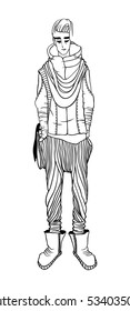 Black contour drawing. Hand drawn Guy Illustration. Stylish and trendy outfit. Actual Street Fashion Male Look