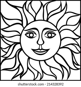 Black contour drawing of the sun with smiling face. Vector illustration.