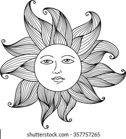 Black contour drawing of the sun with smiling face. Vector illustration.