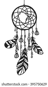 Black contour Dream catche boho illustration. Hand Drawn Ink art work. Dreamcatcher with sea objects and feathers. Vector drawing