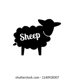 Black contour farm sheep icon with white lettering isolated on white background. Outline sheep logo for web, mobile and infographics. Vector farming animal product