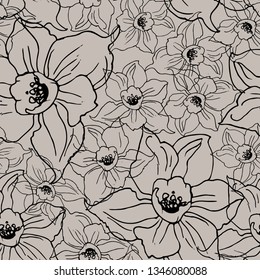Black contour floral seamless pattern with hand drawing flowers on beige background. Hand drawn manual graphic. Design for textile, fabric, wallpaper, packaging. Vector Illustration