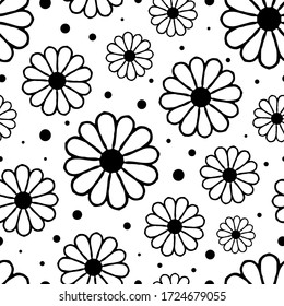 Black contour flowers isolated on white background. Floral ink seamless pattern. Hand drawn vector graphic illustration. Texture.