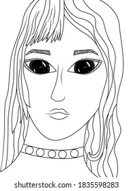 Black contour of the girl's face with big expressive eyes, vector made as child's drawing