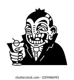 Black contour graphic, cartoon, fancy, festive vampire character in costume with cocktail in hand. Vector, isolated