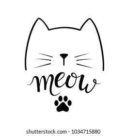 Black contour of head of Cat with lettering word 'Meow' and paw print on white background. Modern brush calligraphy. Cute vector illustration. 