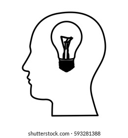 black contour human face with bulb light in mind vector illustration