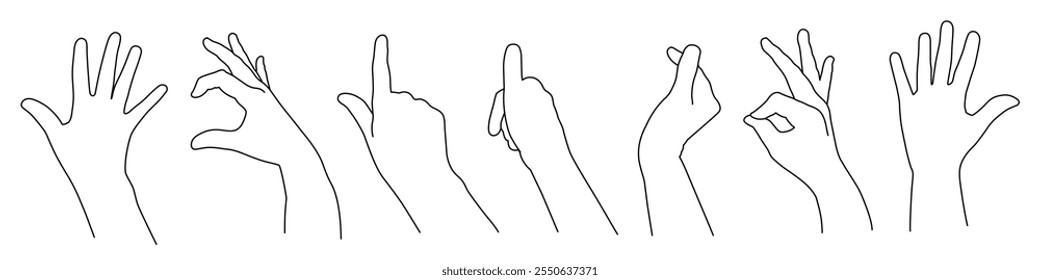 Schwarze Kontur der menschlichen Hand. Vektorgestengrafik. Konzept der Kommunikation und Ausdrücke. Index, Mitte, Ring, kleine Finger und Daumen