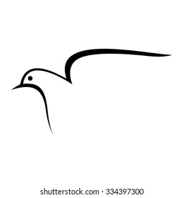 Black contour image of a bird on a white background. Dove. Icon. Vector line drawing.
