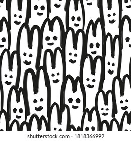 Black contour ink hares isolated on white background. Cute monochrome seamless pattern. Vector flat graphic hand drawn illustration. Texture.