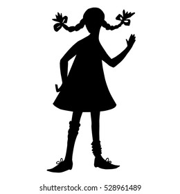  Black contour isolated on white background. Pigtails hairstyle, short dress, big shoes. Literature cartoon characters. Hand up, waving hello. 