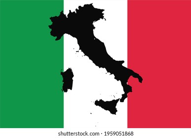 The black contour of Italy on the colors of the flag 
