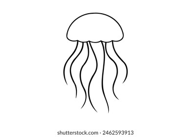 Black contour of Jellyfish with flowing tentacles. Oceanic medusa outline. Concept of ocean animal, sea creature. Graphic illustration. Print, icon, element for design. Isolated on white background