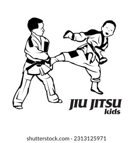 Black contour of a Jiu Jitsu kids Drawings . Vector line art illustration.