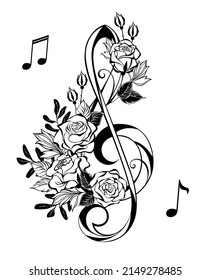 Black contour key with artistic, outline roses with black leaves on white background. Tattoo style. Treble clef.