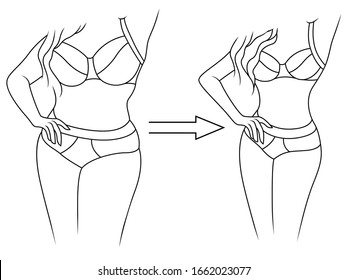 Black contour of lady on the way to lose weight in underwear, isolated on white background