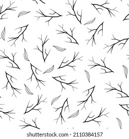 Black contour leaves seamless pattern on white background. Сover for eco, organic, vegan design. Vector illustration.