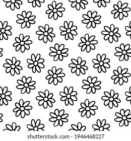 Black contour linear small chamomile flowers isolated on white background. Cute monochrome floral seamless pattern. Vector simple flat graphic hand drawn illustration. Texture.