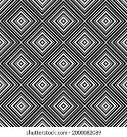 Black contour linear squares and rhombuses isolated on white background. Monochrome geometric tiled seamless pattern. Vector simple flat graphic illustration. Texture.