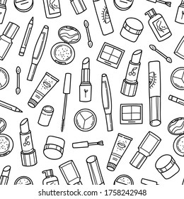 Black contour make up items seamless pattern on white background. Cosmetics - lipstick, eyeshadow, pencil, mascara, blush, cream. Hand drawn vector illustration.