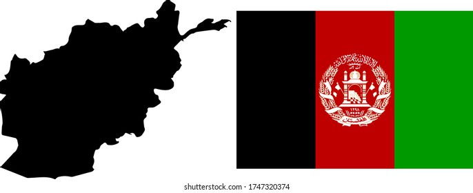 Black contour map of Afganistan with national flag