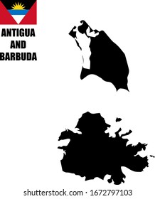 Black contour map of Antigua and Barbuda with national flag