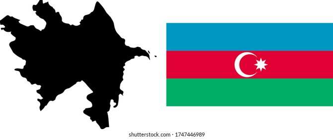 Black contour map of Azerbaijan with national flag