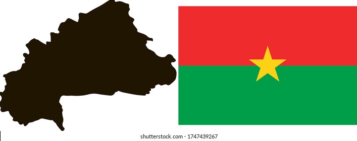 Black contour map of Burkina Faso with national flag