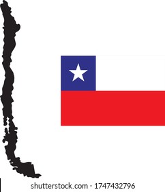 Black contour map of Chile with national flag