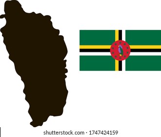 Black contour map of Dominica with national flag