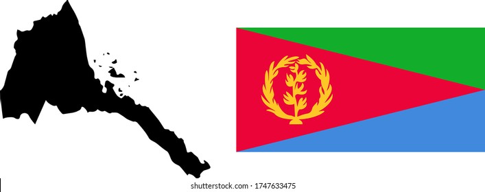 Black contour map of Eritrea with national flag