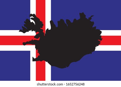 black contour map of Iceland on national flag backgroud