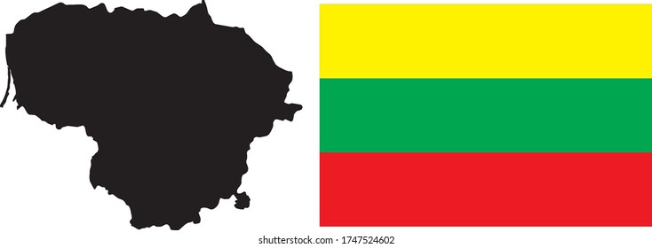 Black contour map of Lithuania with national flag