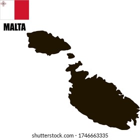 Black contour map of Malta coast with national flag