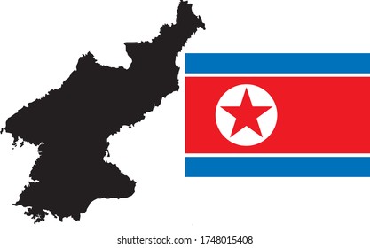 Black contour map of North Korea with national flag