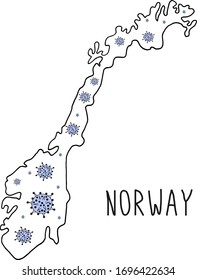 Black contour map of Norway. Hand drawn doodle map. Hand Drawn map of Norwegian country with Coronavirus on it. Black stroke. 2019-nCoV Novel Coronavirus Bacteria. Vector medical illustration isolated