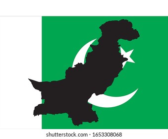 Black contour map of Pakistan on national flag background