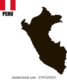 Black contour map of Peru with national flag