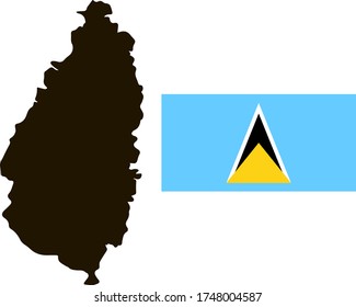 Schwarze Umrisskarte St. Lucia mit nationaler Flagge