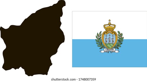 Black contour map of San Marino with national flag