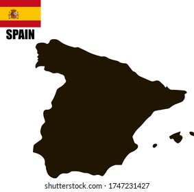 Black contour map of Spain with national flag