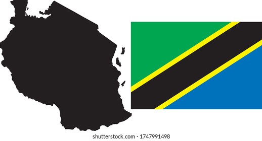 Black contour map of Tanzania with national flag